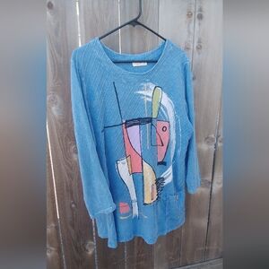 Jess & Jane Blouse 1X Shirt Artsy Abstract Art Blue Top Lagenlook